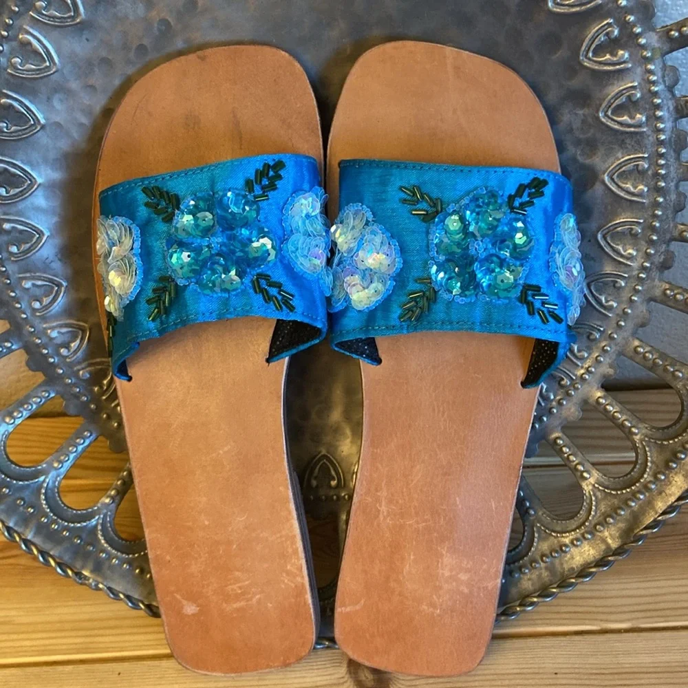 NEW! Turquoise Floral Beaded Embellished Sequined Slides Sandals Flats Size 5 - Picture 6 of 14